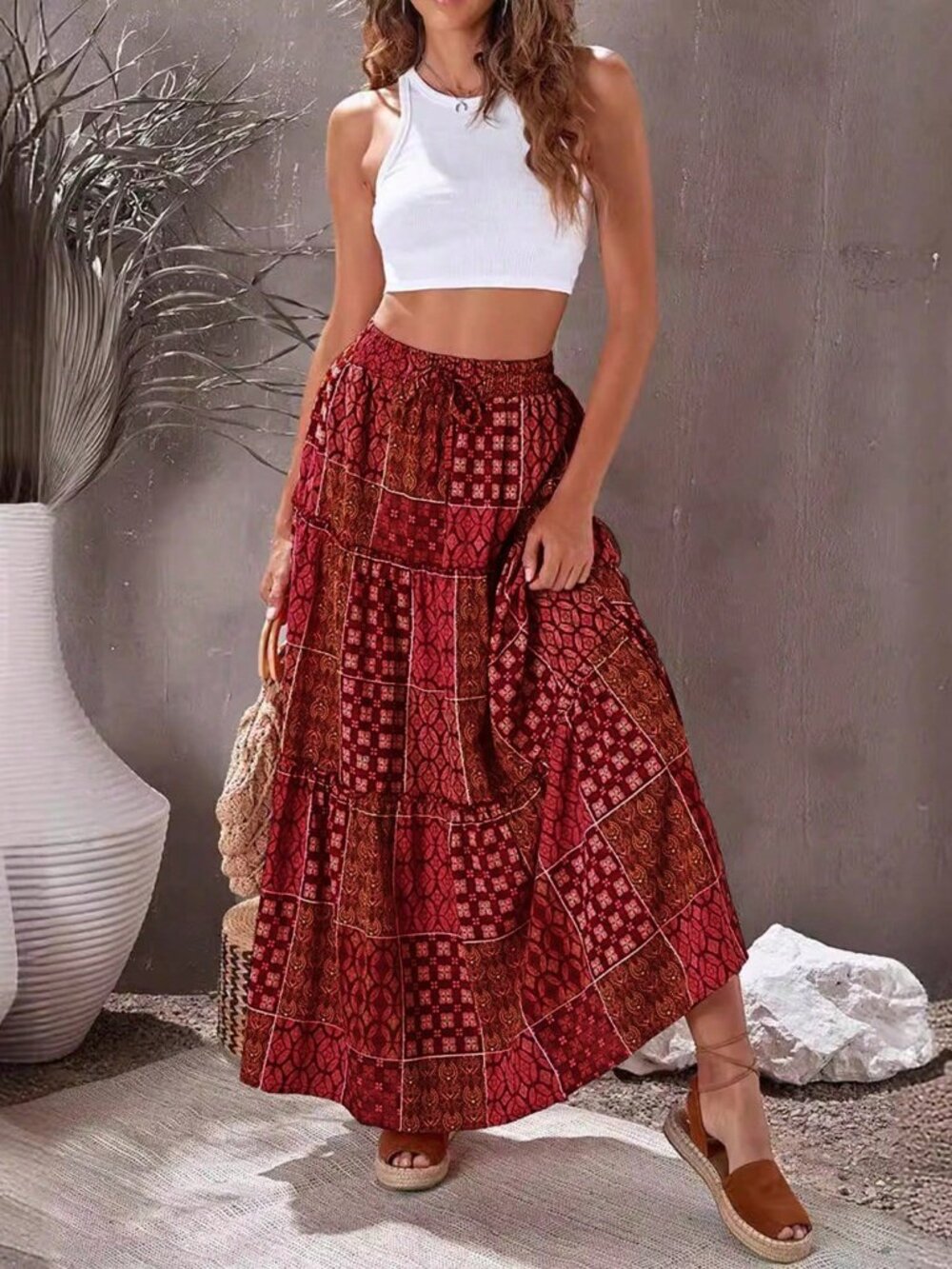 Burgundy Bohemian Women's High Waist Skirt with Floral Print Lace Hem - Picture 7 of 8